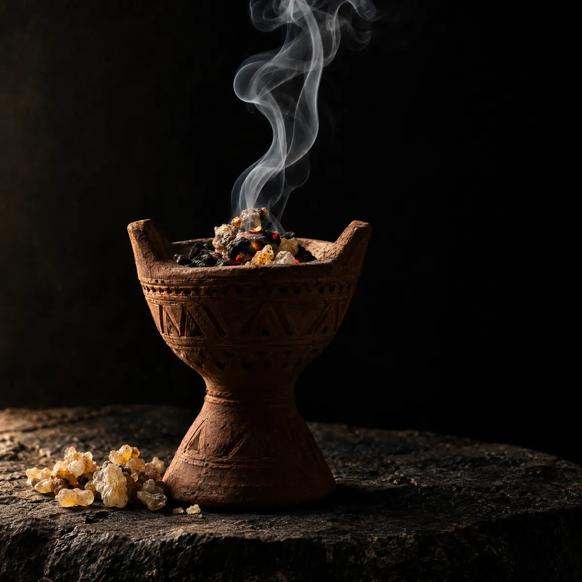 A clay incense burner with rising smoke
